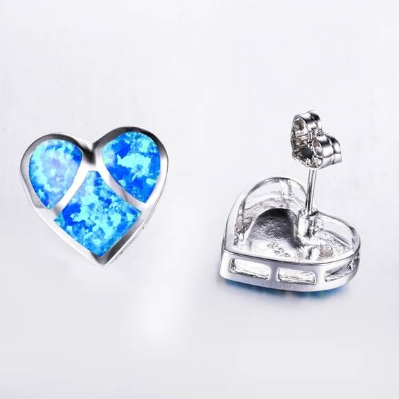 Blue Fire Opal Heart Earrings - Picture 2 of 3